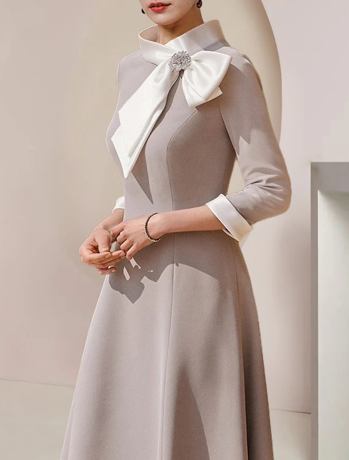 Wholesale  A-Line Mother of the Bride Dress Formal Wedding Guest Party Elegant High Neck Asymmetrical Tea Length Satin 3/4 Length Sleeve with Bow(s) Crystal Brooch